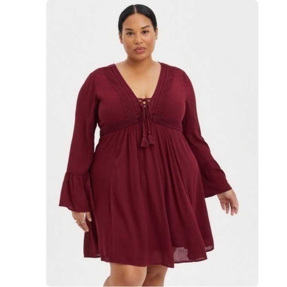 Torrid Zinfandel Burgundy Mini Gauze Lace-Up Skater Dress 2 2X 18 20 RR14